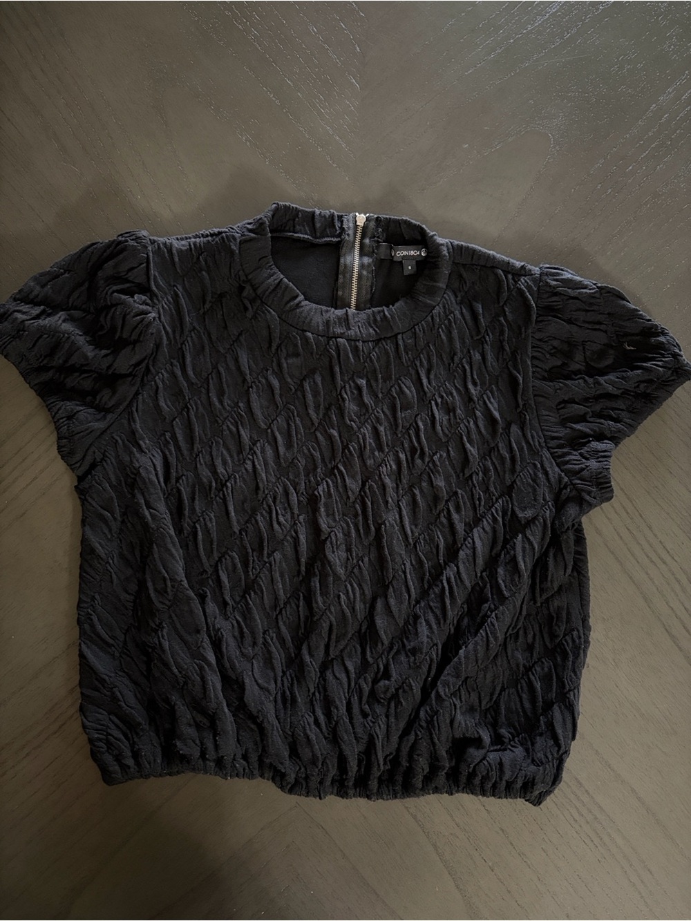 Black Textured Short Sleeve Cropped Top